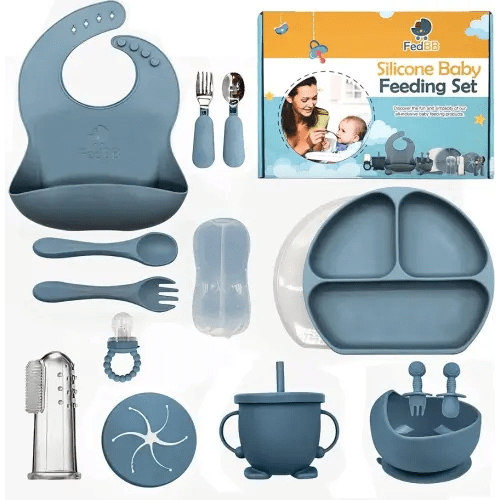 Silicone Baby Feeding Set 14 Pcs -Baby Lid Weaning Supplies including Divided Plate with Lid, Cup, Adjustable Bib, Toddler Spoons and Forks, Perfect for Self-Feeding with Fruit Feeder (BLUE)