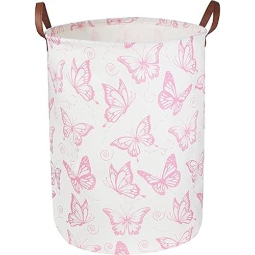 CLOCOR Pink Laundry Basket,Waterproof Nursery Hamper for Baby Girl ,Collapsible Storage Baskets for Girls Bedroom,Kids Toys Storage Bin,Room Decor,Gift Basket(Pink Butterfly