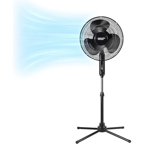 Comfort Zone Electric Oscillating Pedestal Fan, Stand Fan, 16 inch, 3 Speed, 90 Degree Oscillating Head, Adjustable Height and Tilt, Airflow 7.48 ft/sec, Ideal for Home, Bedroom & Office, CZST161BTEBK