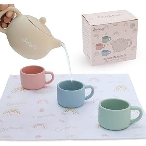 Ginbear Silicone Real Tea Party Play Set with Washable Cloth Napkin for Toddlers & Kids 1-3, Non-Toxic Unbreakable Baby Kitchen Toys for Children 12 Months+ (Beige, Blue, Green, Rosy)