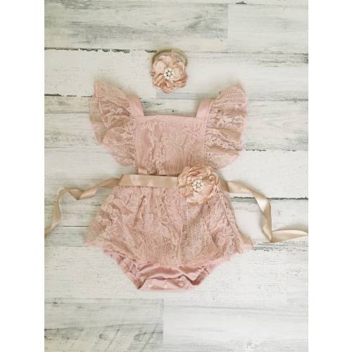 Dusty pink Boho Lace Romper Sash and Headband-Baby girls lace romper-vintage pink boho 1st Birthday romper