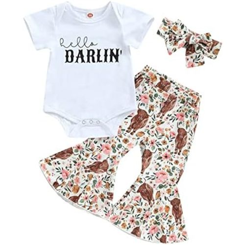 Western Baby Girl Clothes Letter Print Short Sleeve Romper Cow Print Flare Pants Headband 3Pcs Summer Outfits Set