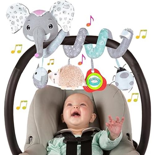 Baby Car Seat Toys, Hanging Stroller Toys for Baby 0-6 Months Infants Activity Spiral Toys with Musical Owl Rattles Hedgehog Beep Ladybug Squeaker - Gray Elephant Toys for Newborn Baby 0 3 6 12 Months