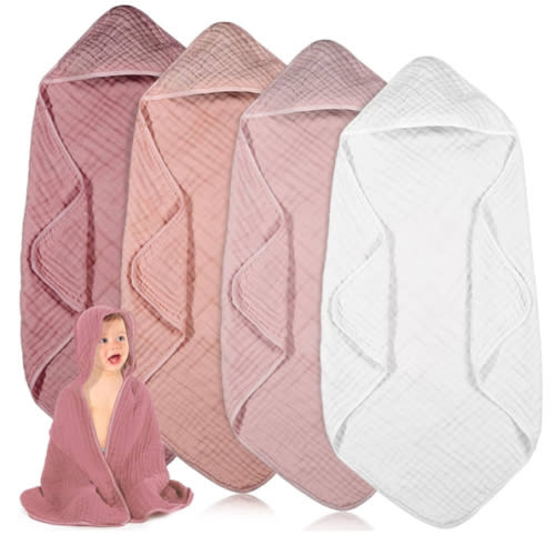 Peryiter 4 Pcs Muslin Hooded Baby Towels,32"x 32" Cotton Newborn Bath Towel Muslin Infant Baby Blankets Absorbent Unisex Newborn Registry Gift for Girls Boys (Light Pink)