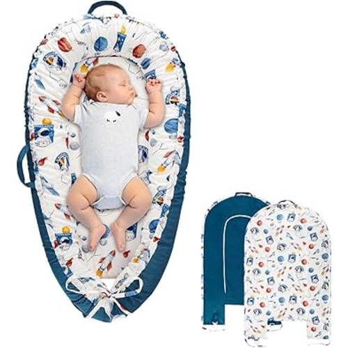 Baby Lounger Cover for Boys Girls, Reversible Baby Nest Cover, Adjustable Baby Lounger Replaceable Cover for Infant Newborn, Portable and Machine Washable, Cotton Blue Rocket Cover Only