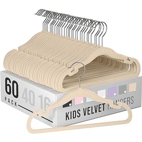 Velvet Baby Hangers for Clothes - Heavy Duty Non Slip Velvet Kids Hangers Or Toddler Hangers for Closet | Ultra Thin Design Kid Hangers for Space Saving - Ganchos De Ropa para Bebe (60 Pack Beige)