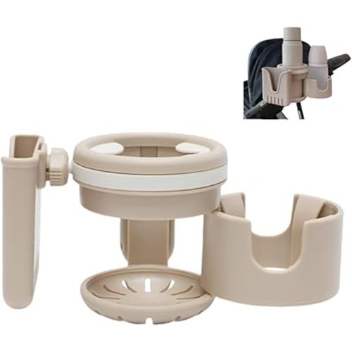 3-in-1 Stroller Cup Holder, Baby Stroller Accessories with Bottle Holder, Phone Mount, and Drink Caddy for Strollers, Perfect for Parents on The Go (Beige)