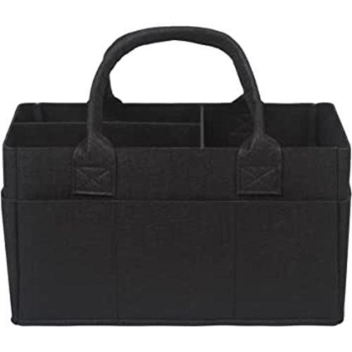 Sammy & Lou Collapsible Black Felt Storage Caddy, Divided Design To Keep Diapers, Wipes And Changing Items Organized, Two Handles, 12 in x 6 in x 8 in