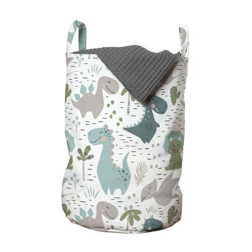 Childish Laundry Bag, Smiling Baby Dinosaurs with Palm and Cactus, Hamper Basket with Handles Drawstring Closure for Laundromats, 13" x 19", White Seafoam Dimgray, by Ambesonne