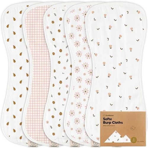 5-Pack Muslin Burp Cloths for Baby Boys and Girls - Super Absorbent Baby Burp Cloth, Viscose Derived from Bamboo Cotton Baby Washcloths, Burp Rags, Large Neutral Burp Clothes for Newborn (Petals)