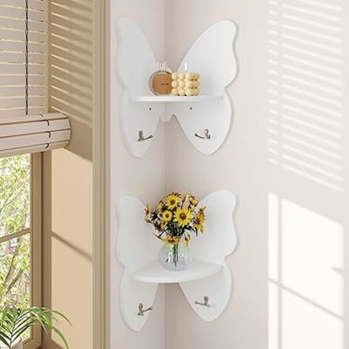 2 Pack Butterfly Shaped Corner Floating Shelves, Wall Shelves with Hooks, Cute Butterfly Wall Decor, Nursery Book Shelves for Bedroom, Living Room, Bathroom, Entry, White