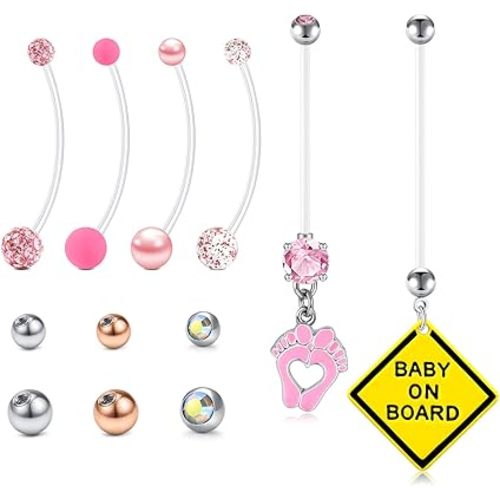 TOKRING Pregnancy Belly Button Rings Plastic Maternity Long Belly Button Rings Bar for Healing Clear Flexible Belly Piercing Retainer with Different Balls for Replacement 18mm 25mm 32mm 35mm 38mm