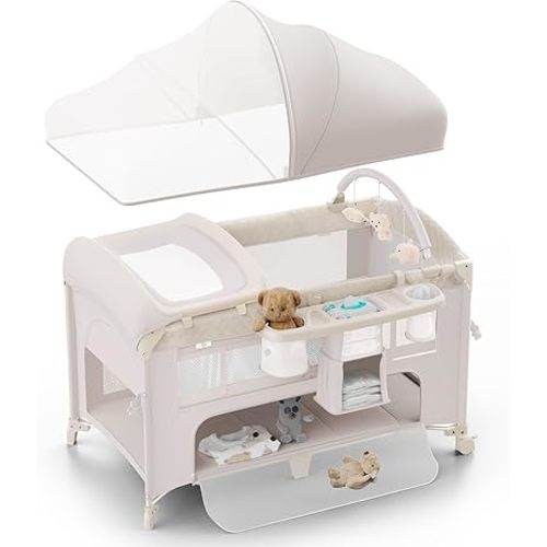 4 in 1 Baby Bassinet, Pack and Play, Bedside Crib Sleeper, Diaper Changer - Comes with Mattress, Mosquito Net,Bottom Storage and Toy Bar for Newborn to Toddles