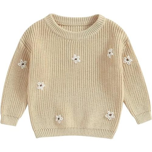 Baby Girl Cable Knit Sweater Long Sleeve Boho Floral Embroidery Oversized Sweatshirt Warm Fall Winter Clothes