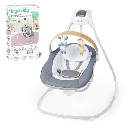 Ingenuity SimpleComfort Compact Soothing Swing, Rotating Bar, Rotating Seat, 6 Speeds, for Ages 0-9 Months, Up to 20 Pounds - Chambray