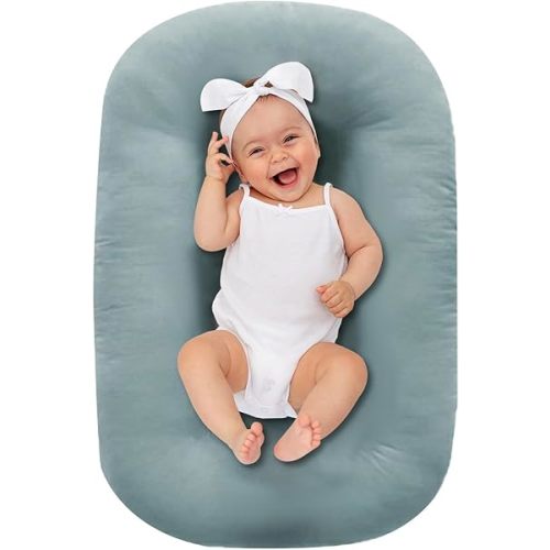 Lucakuins Baby Lounger 0-18 Months, Baby Lounger for Newborn, Soft Organic Cotton Breathable Lounger for Infants (Greyblue Baby Lounger)