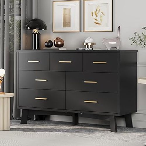 Dresser for Bedroom with 7 Drawer, Wood Modern Chest of Drawers with X-Shaped Sturdy Base, Wide Double Dresser Closet Clothes Storage Organizer, Wooden Dresser TV Stand for Living Room, Hallway, Black