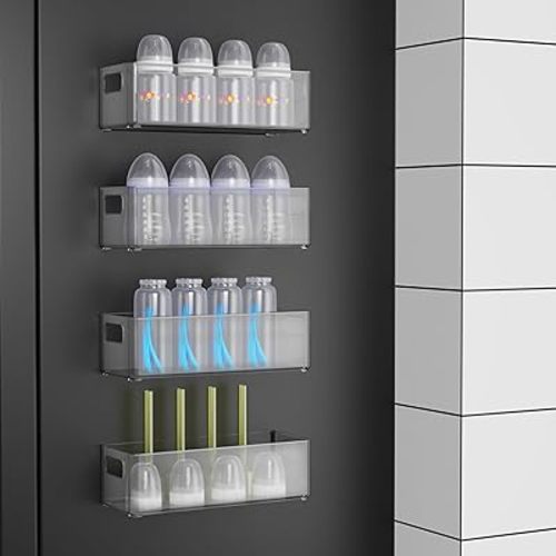 MGY 4Pack Clear Magnetic Baby Bottle Organizer for Refrigerator, Space-Saving Storage Container for Baby Bottles,Bottle Organizer