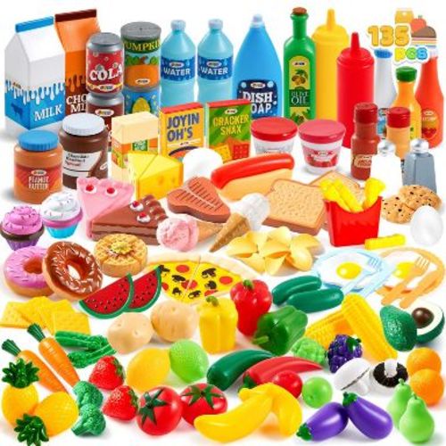 Joyfy 135Pcs Kids Play Food Set, Pretend Food Toys for Play Kitchen with Fruit, Vegetable, Food Can, Dessert, for Toddler Boys Girls 2 3 4 5 6 Years