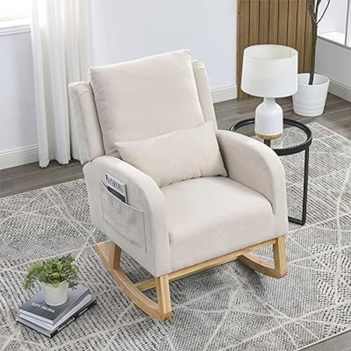 Rocking Chair Nursery with Pillow, Nursery Rocking Chairs in Teddy Fabric with Wingback & Armrest, Built-in 2 Side Pockets, Comfy Nursery Glider Nursing Chair Armchair for Living Room, Bedroom, Beige
