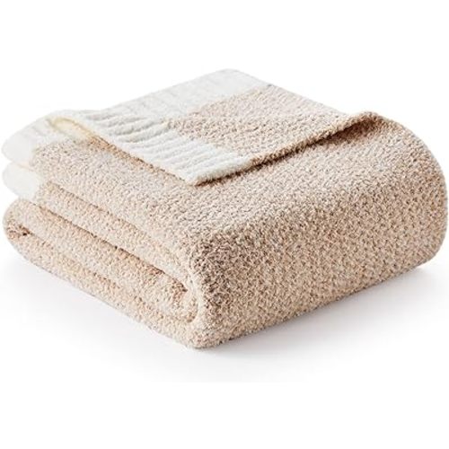 Snuggle Sac Heather Beige Throw Blankets Luxurious Microfiber Fabric, Reversible Super Soft Throws Warm Cozy Knit Fuzzy Plush Throw Blanket for Couch, Bed, Sofa, Camping, Beige,50x60 inches