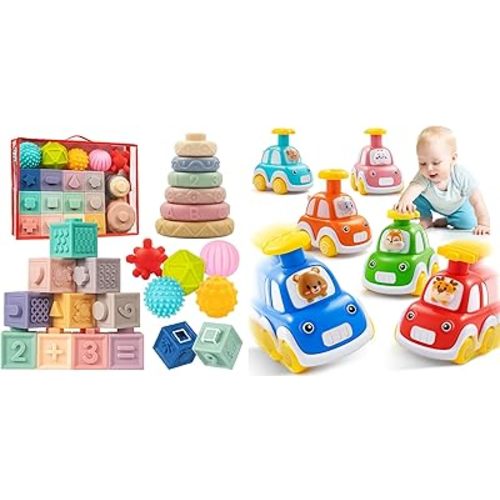 Jyusmile Baby Toys for 6-12 Months, Montessori Press and Go Car Toddlers Toys, 6 Pack Animal Baby Cars for Age 0-2
