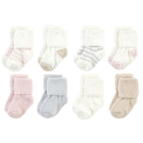 Hudson Baby Infant Girl Cozy Chenille Newborn and Terry Socks, Pink Neutral Stripe, 6-12 Months
