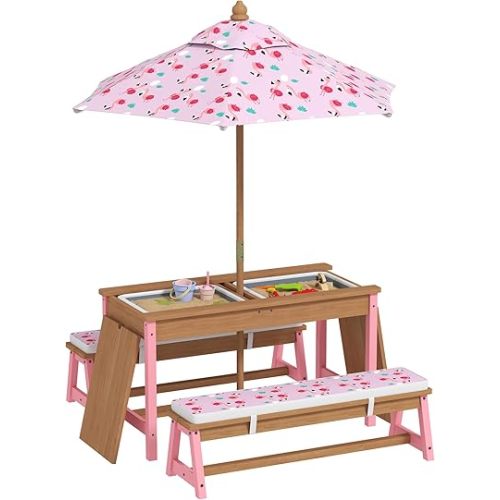 Qaba Kids Picnic Table, Wooden Table and Bench Set with Foldable Umbrella, Removable Cushions & Boxes, Flamingo Theme Children Activity Table Outdoor Furniture for Patio, Pink