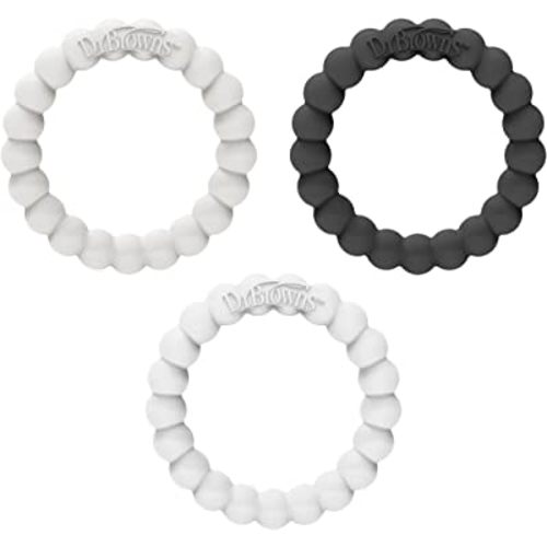 Dr. Brown's Flexees Beaded Teether Rings, 100% Silicone, Soft & Easy to Hold, Encourages Self-Soothe, 3 Pack, Black, White, Gray, BPA Free, 3m+