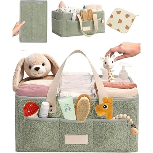 Baby Diaper Caddy Organizer with Portable Changing Mat and Bear Burp Cloth - Teddy Fleece Diaper Organizer for Changing Table - Baby Basket for Diaper Changing Essentials - Green