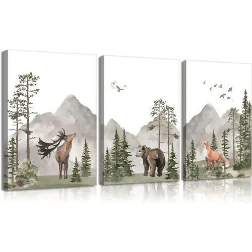 YBARTZQ Woodland Nursery Wall Art Wild Animals Forest Wall Decor Prints Adventure Theme Canvas Posters Deer Bear Fox Watercolor Pictures Paintings for Boys Room Girls Room 3Pcs 12x16in Framed