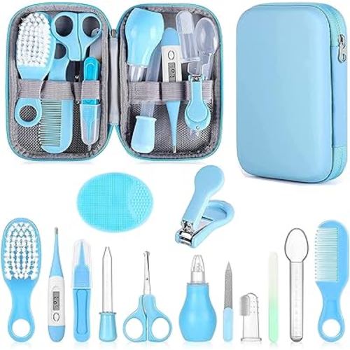Baby Grooming Kit, Infant Safety Care Set with Hair Brush Comb Nail Clipper Nasal Aspirator,Baby Essentials Kit for Newborn Girls Boys (Blue)