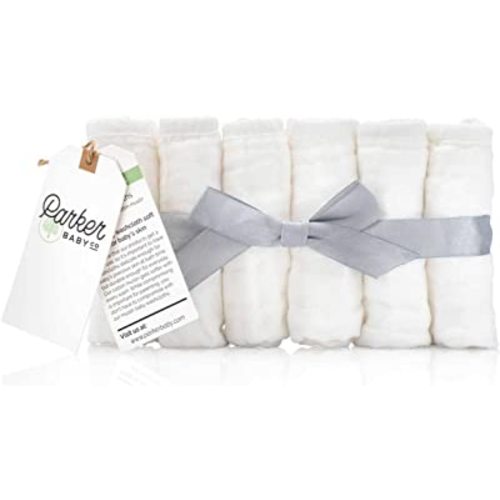 Parker Baby Washcloths - 6 Pack of 100% Cotton Muslin Wash Cloths - Soft, Absorbent and Natural - White