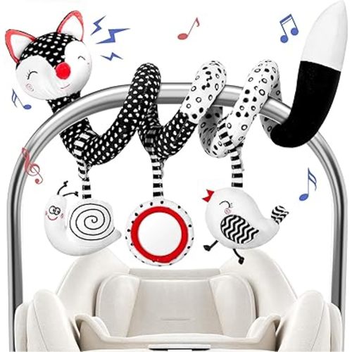FATI Car Seat Toys for Babies 0-6 Months, Carseat Toys Hanging Toys for Newborns, Black and White High Contrast Toy for Baby 0-3 Months, Spiral Stroller Toys for 0 3 6 9 12 Months Baby Ideal Gift