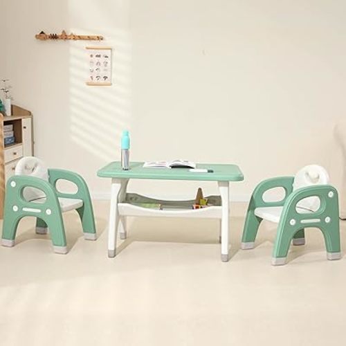 Kids Table and 2 Chairs Set, Toddler Activity Table Set with Storage Shelf, Toddlers Table and Chairs Set with Anti-Slip Foot Covers, Tables for Reading, Drawing, Eating, Playing