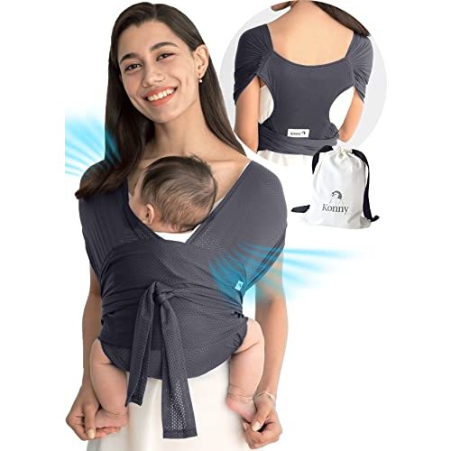 Konny Baby Carrier Flex AirMesh Premium Material- Summer Adjustable, Easy to Wear and Wrap Baby Sling, Perfect for Newborn Babies Essentials up to 44 lbs(XS-XL) - Charcoal