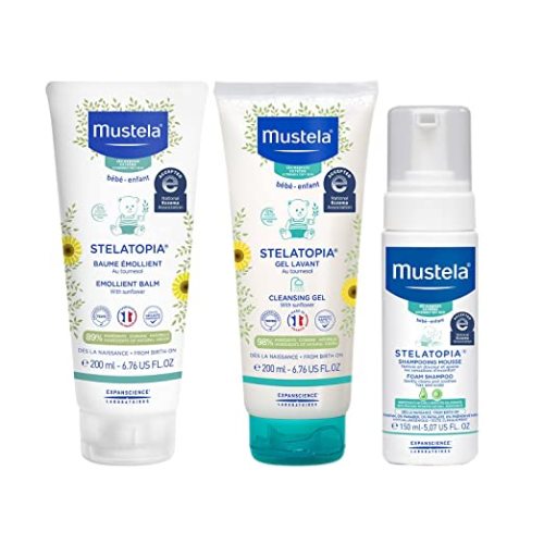 Mustela Stelatopia Eczema-Prone Skin Bath Time Gift Set - Baby Skin Care Essentials - with Natural Avocado & Sunflower Oil - 3 Items Set