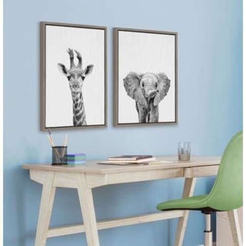 Kate and Laurel Sylvie Baby Giraffe and Elephant Canvas By Simon Te - Gray