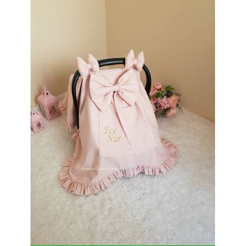 Blush Pink Custom Baby Carseat Cover Girl with Ruffle and Gold Name Embroidery , Personalized Baby Carseat Canopy Girl with 3 Bows