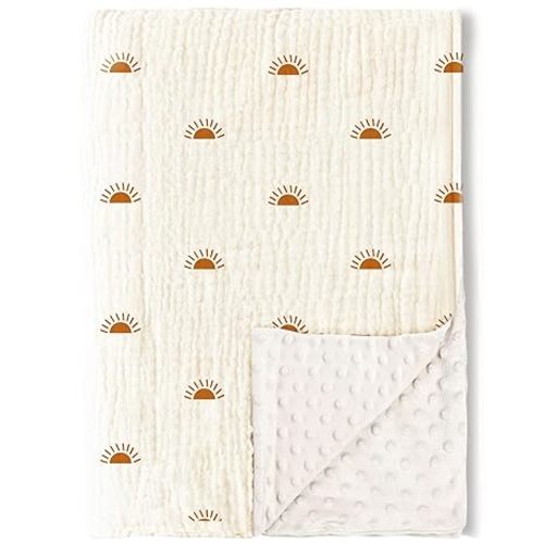Konssy Baby Blankets for Unisex Boys Girls, Super Soft Nursery Minky Blankets with Muslin Cotton Front and Dotted Fleece Backing, Printed Bed Throws Newborn