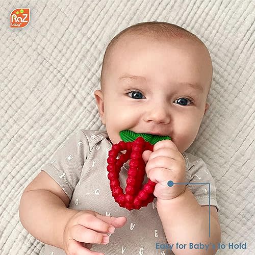 RaZbaby Silicone Infant & Baby Teething Toy, Textured BerryBumps Soothe Babies’ Sore Gums, RaZberry Bites Relief Teether, Back & Front Teeth, BPA Free, Easy to Hold, Fruit Shape for Babies 3M+ - Red
