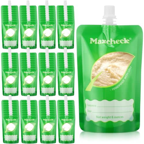 Maxcheck 100 Pack Disposable Baby Food Pouches 6oz Baby Food Storage Containers Plastic Fresh Squeezed Pouches for Kids Toddler Freezer Safe Pouch Holder for Applesauce, Purees and Yogurts