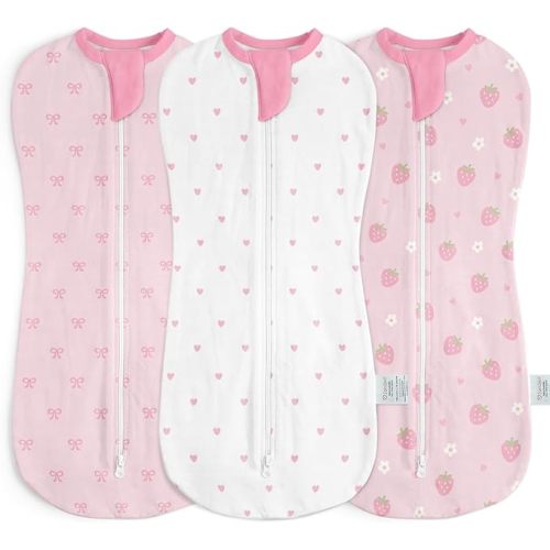 Baby Swaddle 0-2 Months, Cotton Arm-In Zipper Sleep Sack, Wearable Blankets Wrap for Newborn Infant Girls (Bow, Heart, Strawberry, Pack of 3)