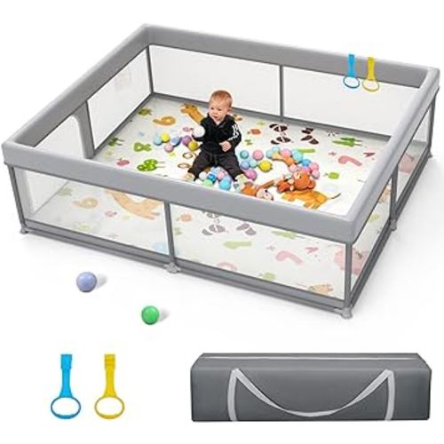 Palopalo 71"x59" Extra Large Baby Playpen, Sturdy Safety Playard for Babies and Toddlers, Baby Activity Center with 8 Suction Cup Bases and Soft Breathable Mesh, Infants Play Pen with Gate, Gray