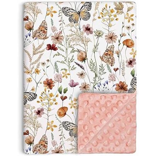 Wildflower Butterfly Baby Blanket for Girls, Soft Double Layer Minky with Dotted Backing, Flower Garden Theme Toddler Nursery, Newborn Infant Toddler Crib Bedding, Receiving Blankets, 30"x40"