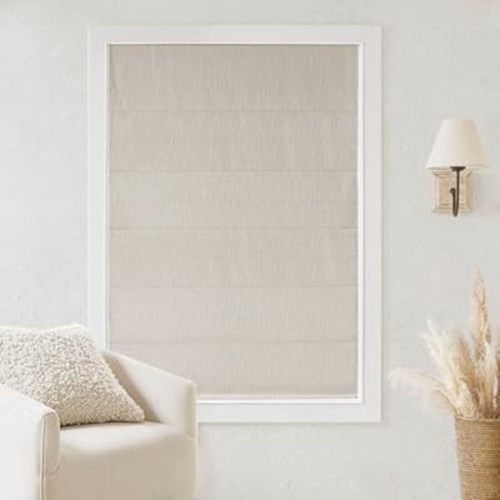 Madison Park Cordless Roman Shades, Total Blackout Window Blind Privacy Window Shades, Thermal Insulated Cordless Window Treatment for Bedroom, Living Room, Quincy, Single Panel 34" W X 64" L Linen