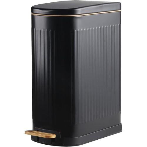 Slim Bathroom Trash Can Foot-Operated Stainless Steel Garbage Can with Soft Close Lid Step Trash Bin with Removable Inner Bucket for Bedroom, Office, Kitchen (Matt Black, 3.5 Gallons)