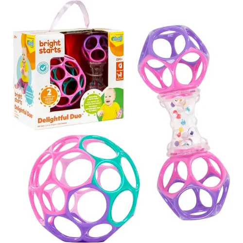 Bright Starts Delightful Duo 2-Pack Gift Set with Easy-Grasp Oball Rattles, Pink, Baby Toys for Newborn and Up