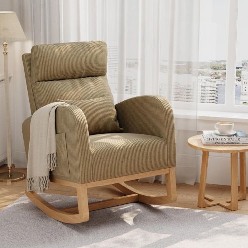 GustoWave Corduroy Nursery Rocking Chair with High Back, Pillow and Side Pockets, Wood-Base Rocker Armchair, Light Brown