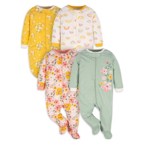 Gerber Baby Girl Sleep 'n Play Footed Pajamas, 4-Pack